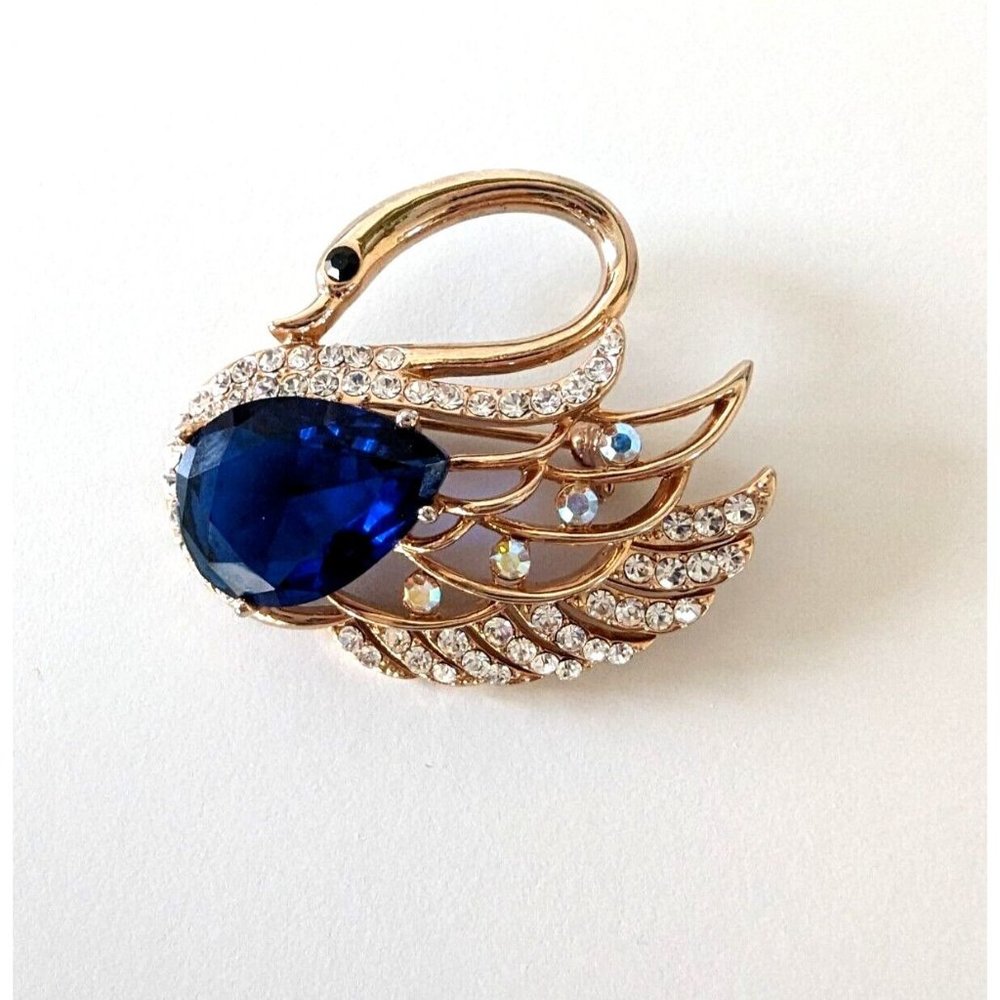 Swan Rose Gold Tone Blue Crystal And Aurora Borealis Rhinestone Brooch Pin